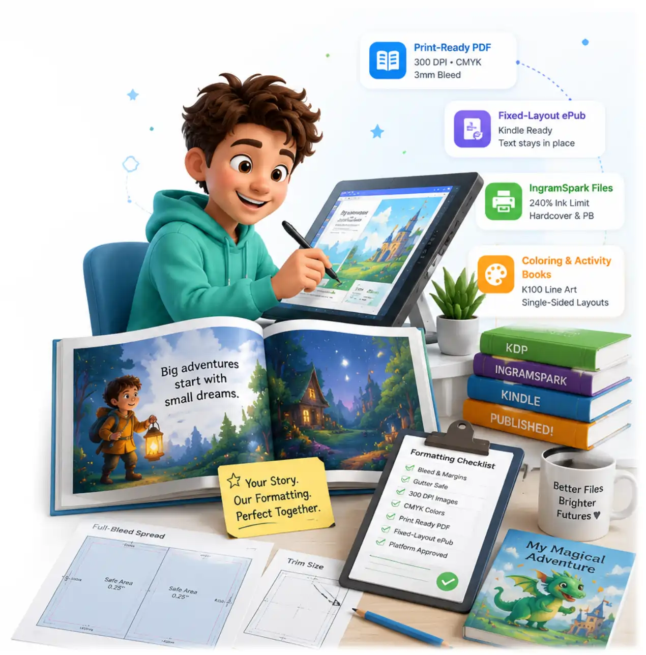 Print-ready children's book formatting: full-bleed double-page spread with correct trim, gutter and margins for Amazon KDP