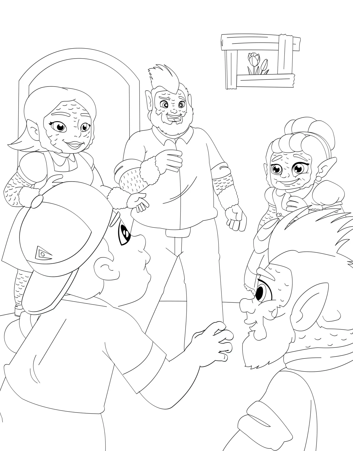 Kids coloring book line art with playful characters