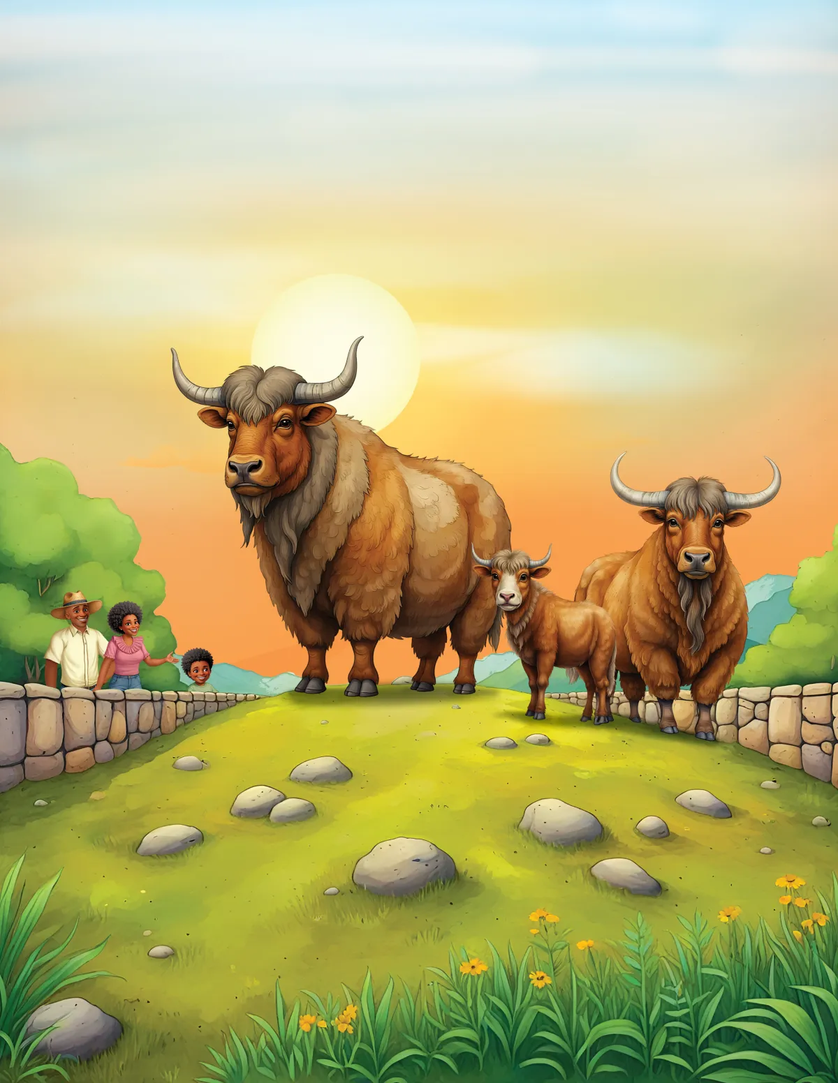 Buffalo family standing in a peaceful countryside in a colorful children's book illustration.