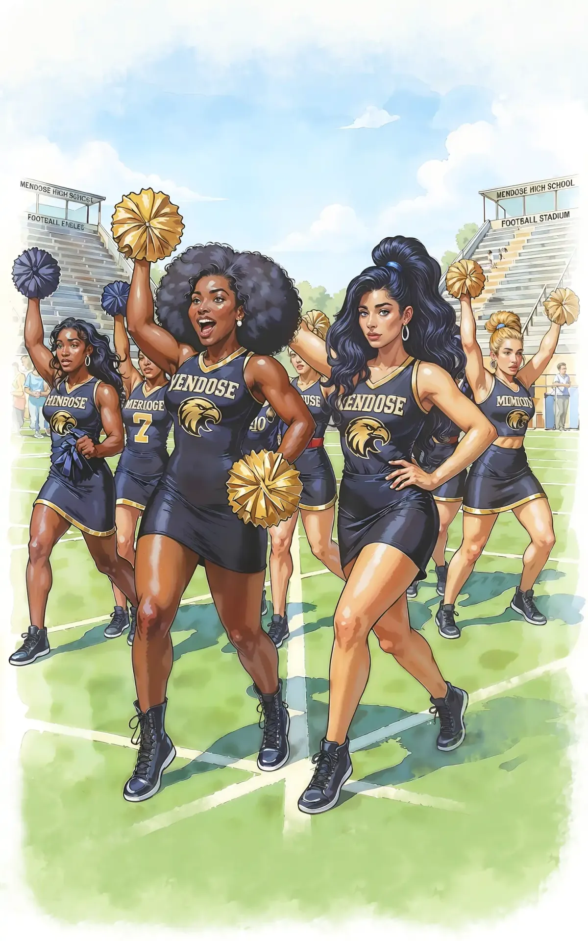 High school cheerleaders performing on a football field in a realistic young adult illustration.