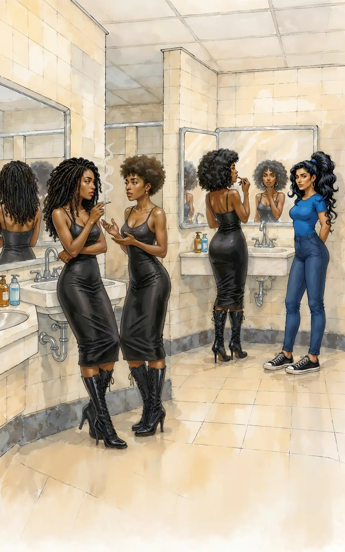 High school students talking in a locker room in a realistic young adult book illustration.