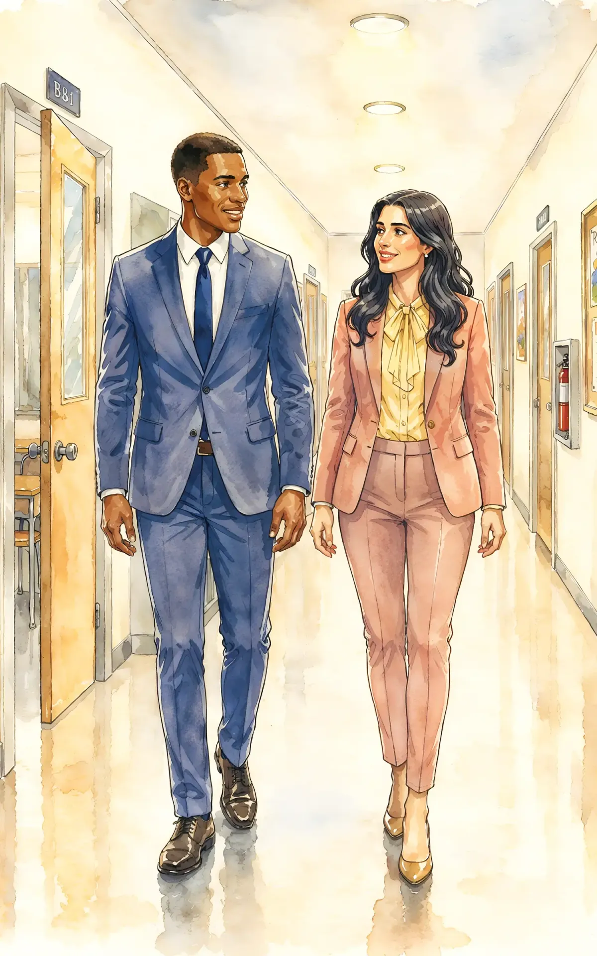 Teacher and student walking through a school hallway in a realistic book illustration.
