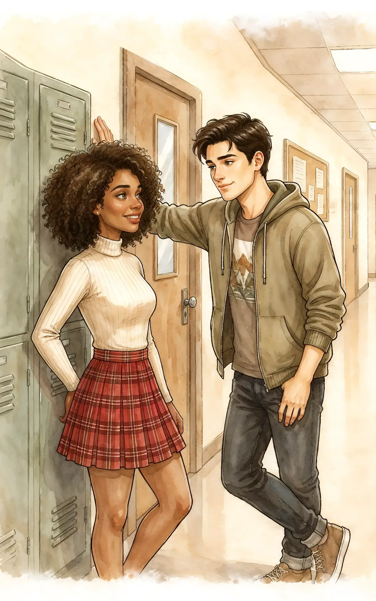 Teenage students talking in a school hallway in a realistic young adult book illustration.