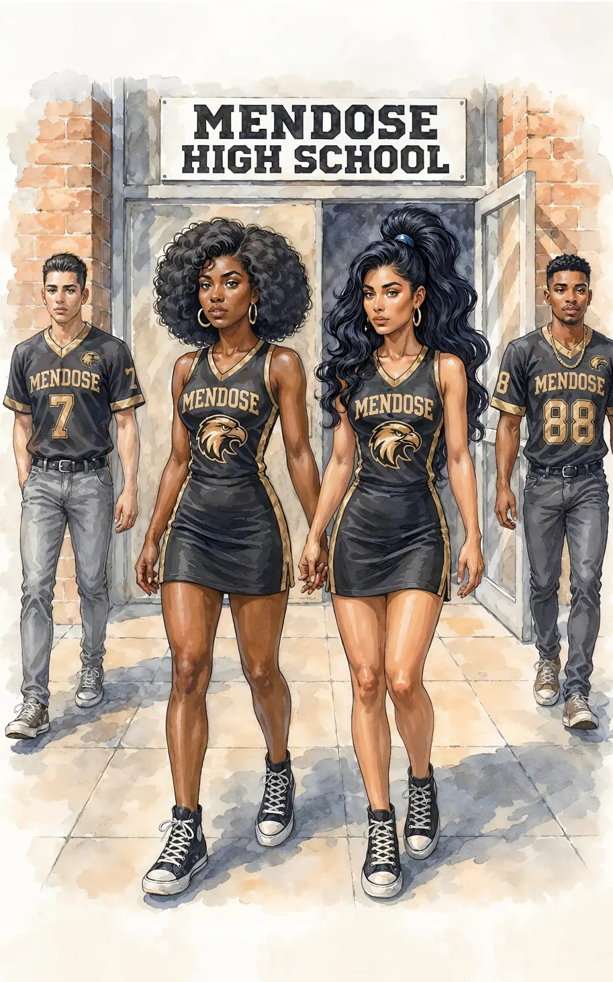 Young adult high school novel cover featuring students walking confidently in a school setting.