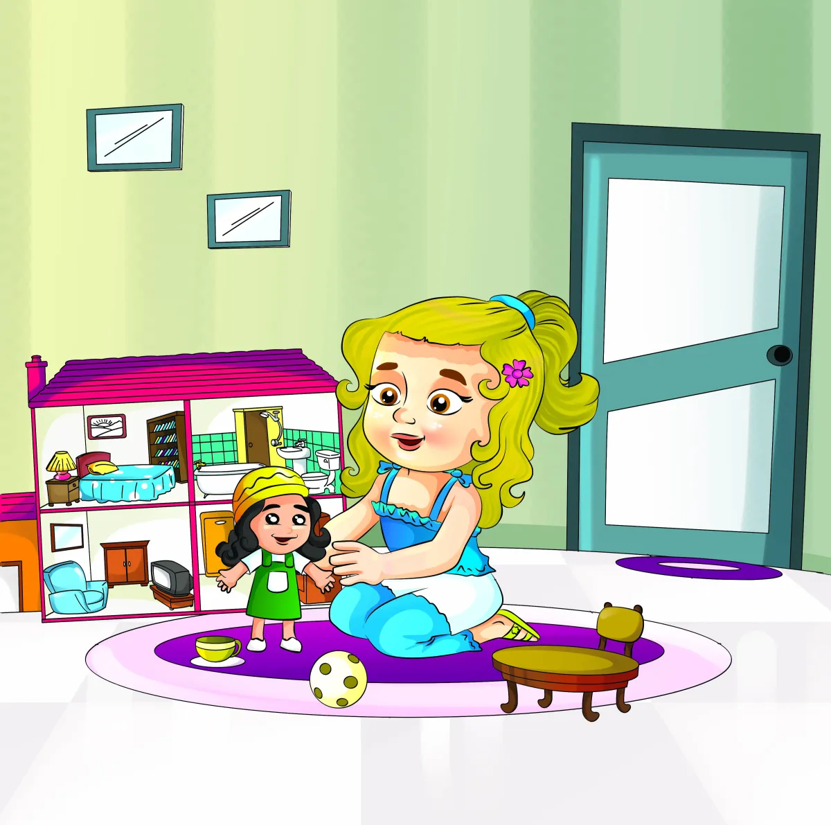 Child playing at home with toys illustration