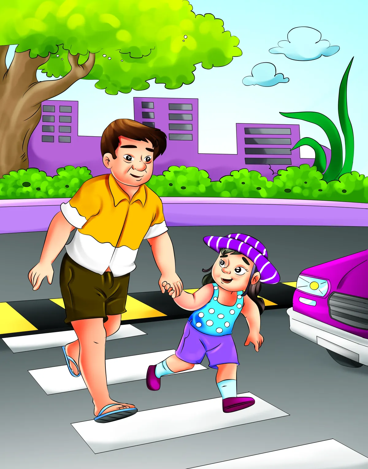 Father and child crossing road safety illustration