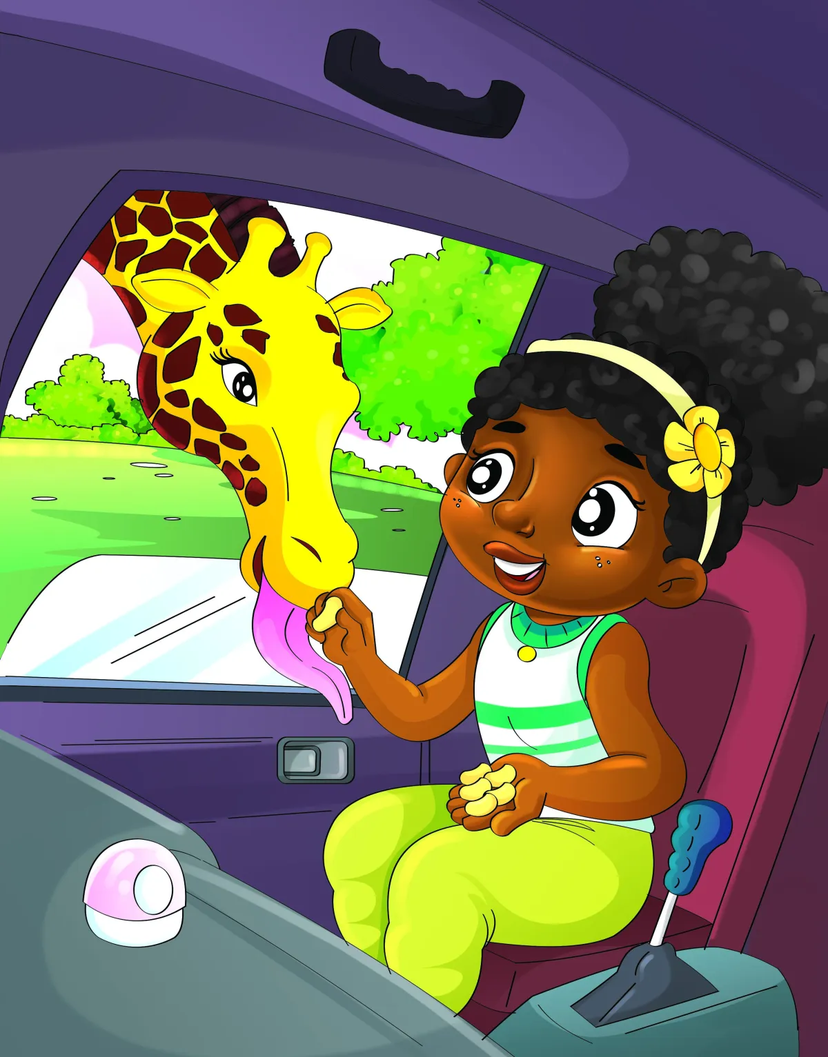 Girl enjoying happy car travel illustration