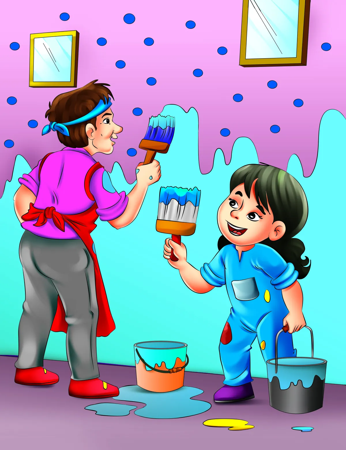 Kids cleaning room teamwork illustration