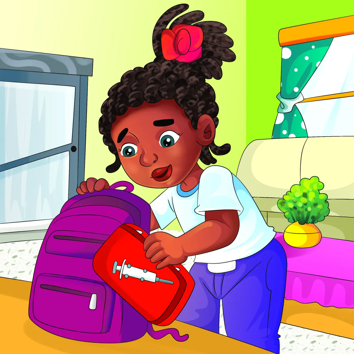 Kids helping friend with school bag illustration