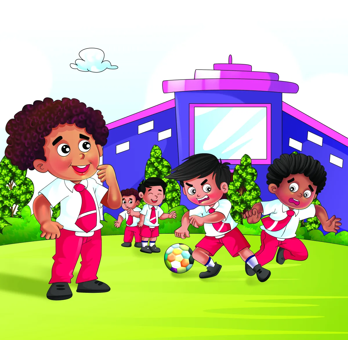 Kids playing football at school illustration