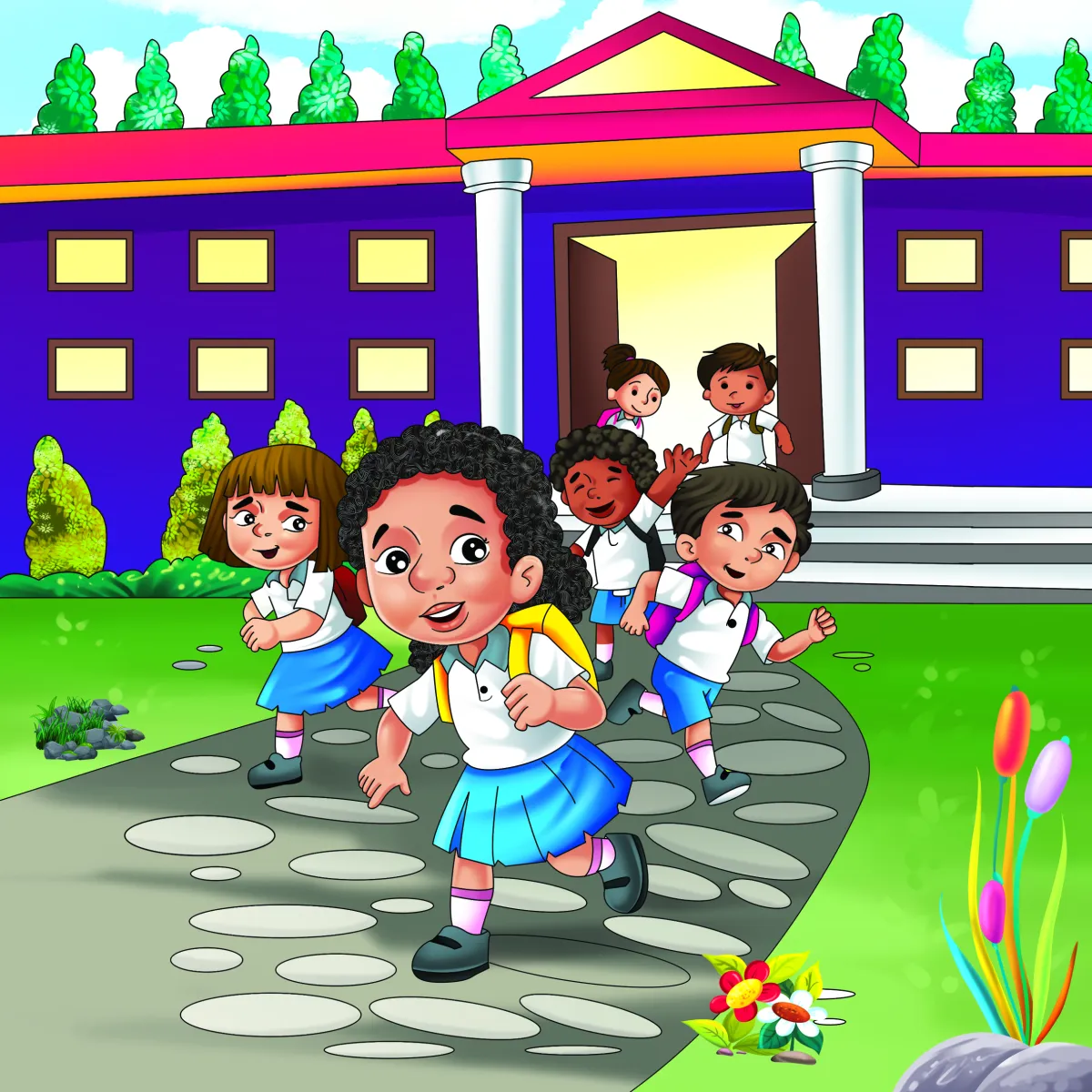 kids school building happy illustration