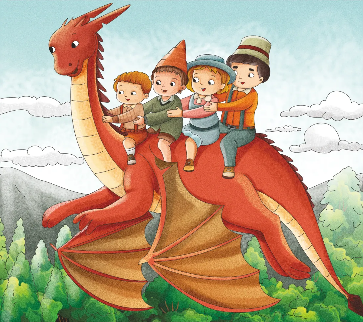 Watercolor children book illustration dragon