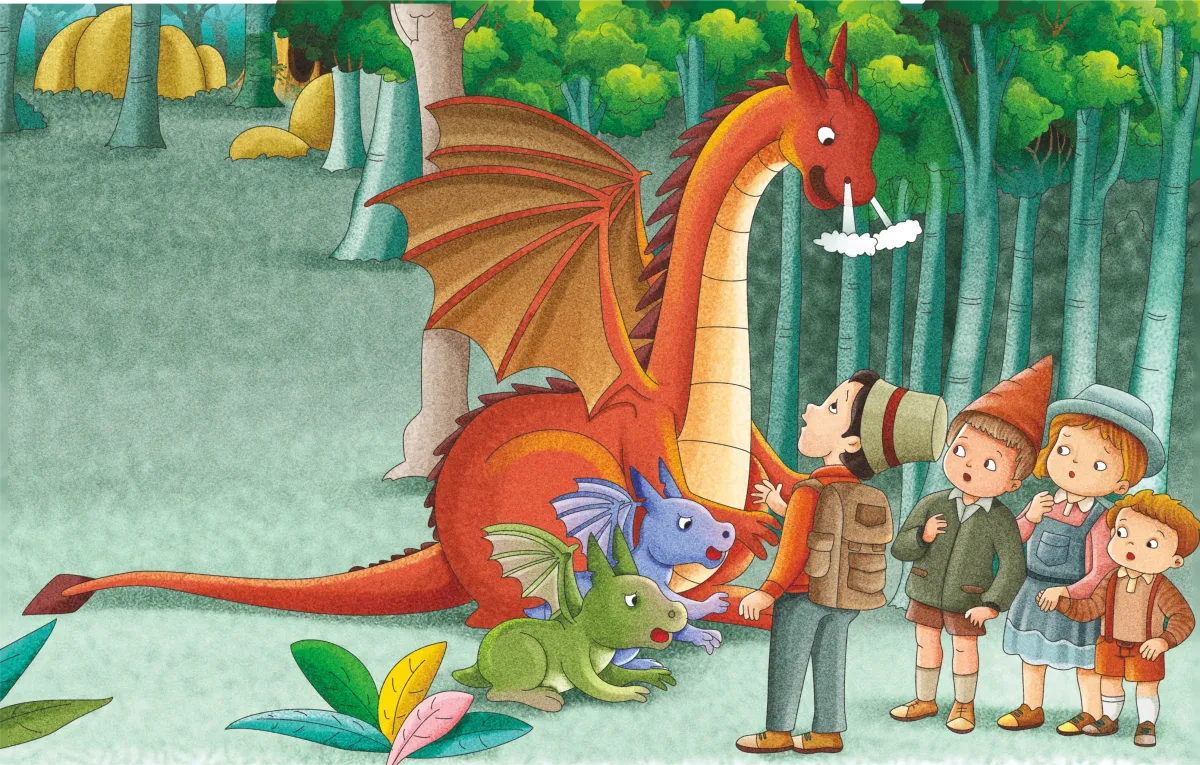 Watercolor children book illustration dragon with kids