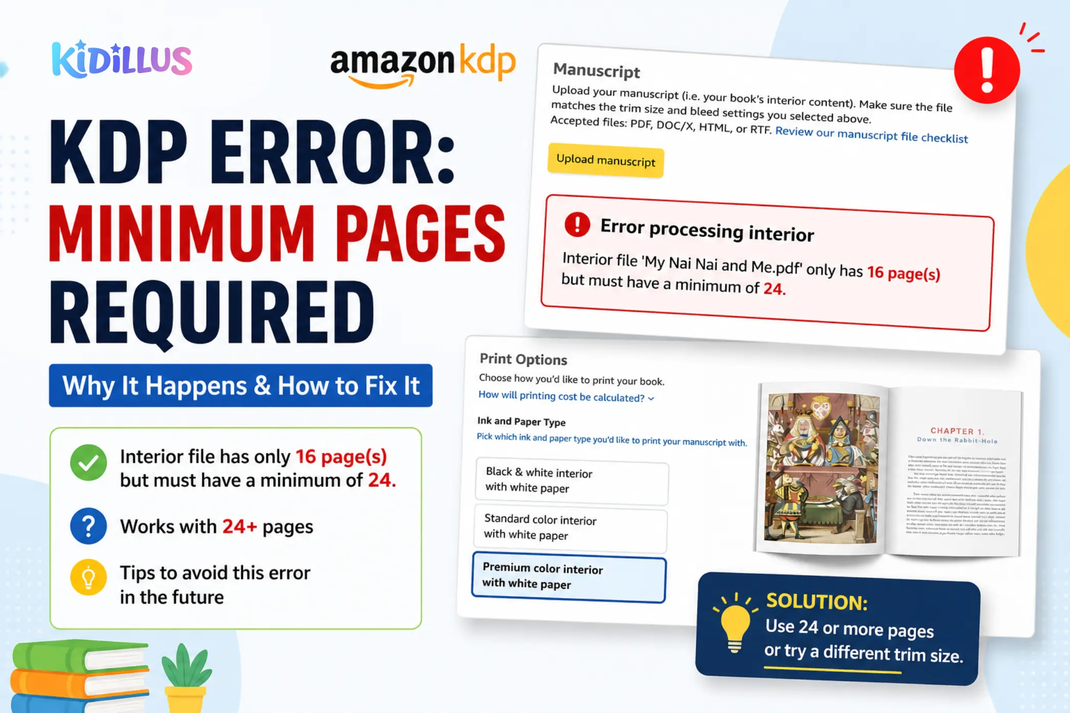Amazon KDP minimum page error fix guide — Premium Color 24 pages vs Standard Color 72 pages comparison chart for children's book authors