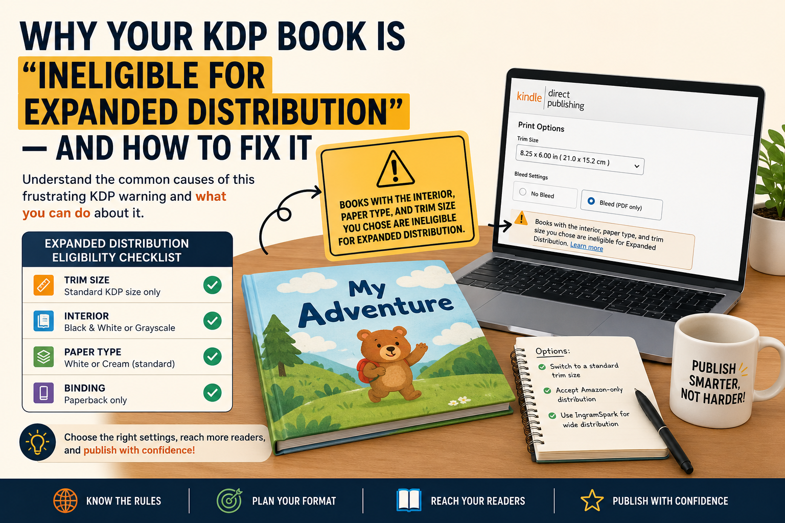 KDP dashboard showing Ineligible for Expanded Distribution warning with trim size settings