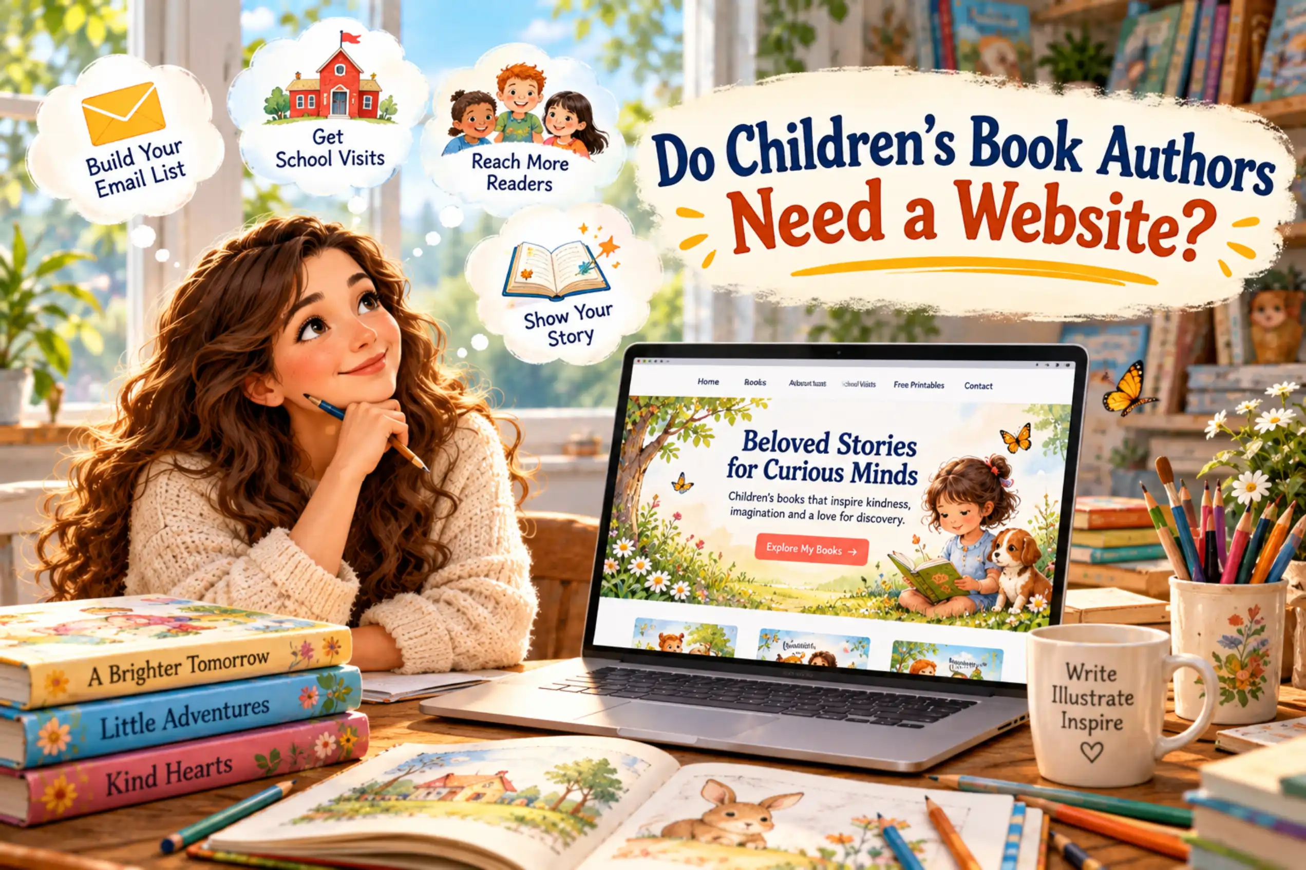 A children's book author's website shown on a laptop and phone